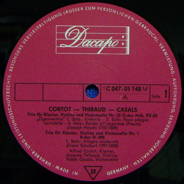 Cover zu Alfred Cortot ▪ Jacques Thibaud ▪ Pablo Casals - Joseph Haydn / Franz Schubert - Trio G-Dur Hob. XV: 25 / Trio B-Dur D. 898 | Vinyl, LP, Mono, Reissue, RE | Classical | Germany Schallplatten Ankauf