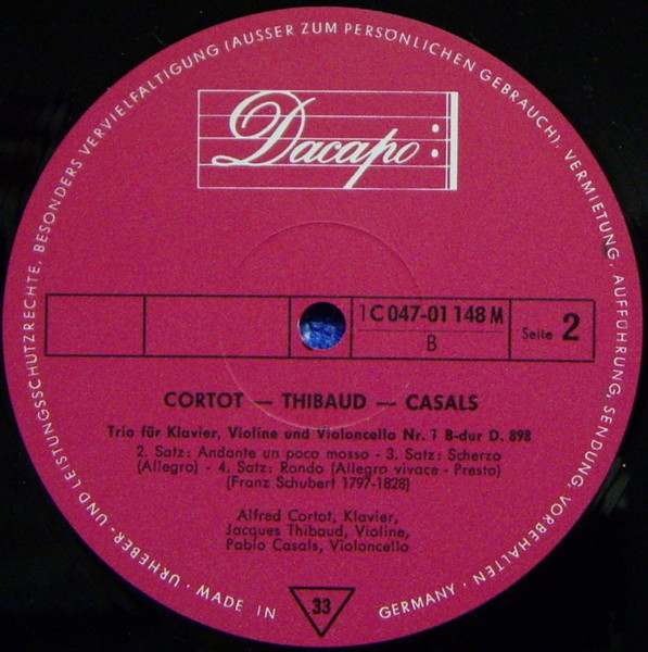 Cover zu Alfred Cortot ▪ Jacques Thibaud ▪ Pablo Casals - Joseph Haydn / Franz Schubert - Trio G-Dur Hob. XV: 25 / Trio B-Dur D. 898 | Vinyl, LP, Mono, Reissue, RE | Classical | Germany